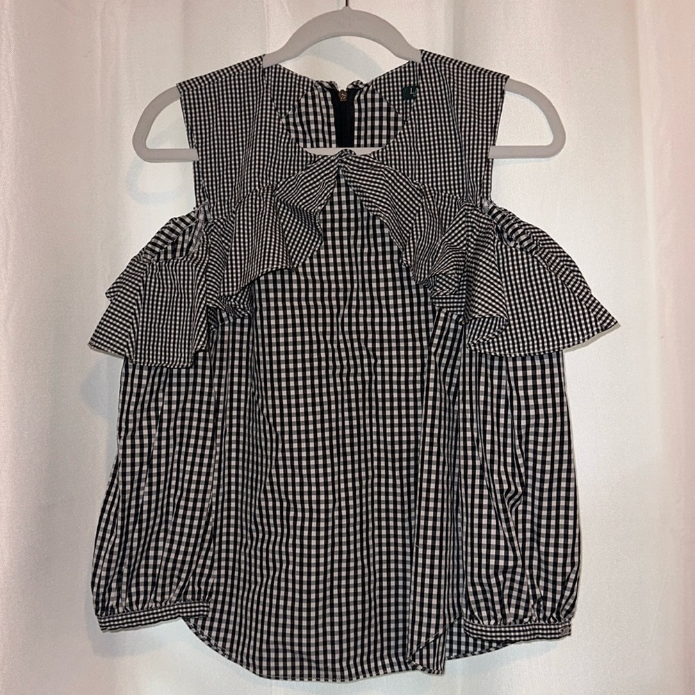 Ralph Lauren black and white checkered blouse with cutout shoulders. Size L.